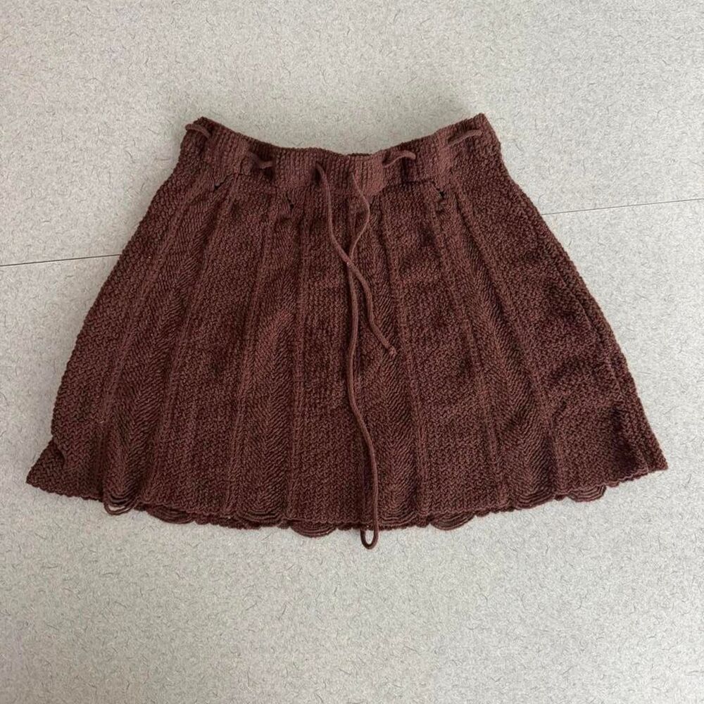 Pull & Bear Spain Women's Brown Crochet Mini Skirt with Drawstring